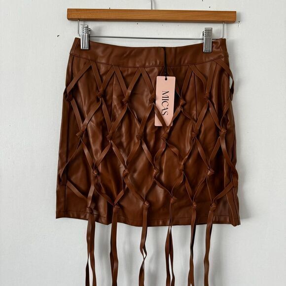 Micas Brown Faux Leather Fringe Mini Skirt Boho Festival Party Wear M - Picture 8 of 10
